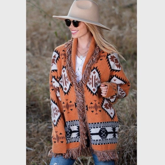 Rust Aztec Fringe Detail Cardigan Sweater - Picture 5 of 7